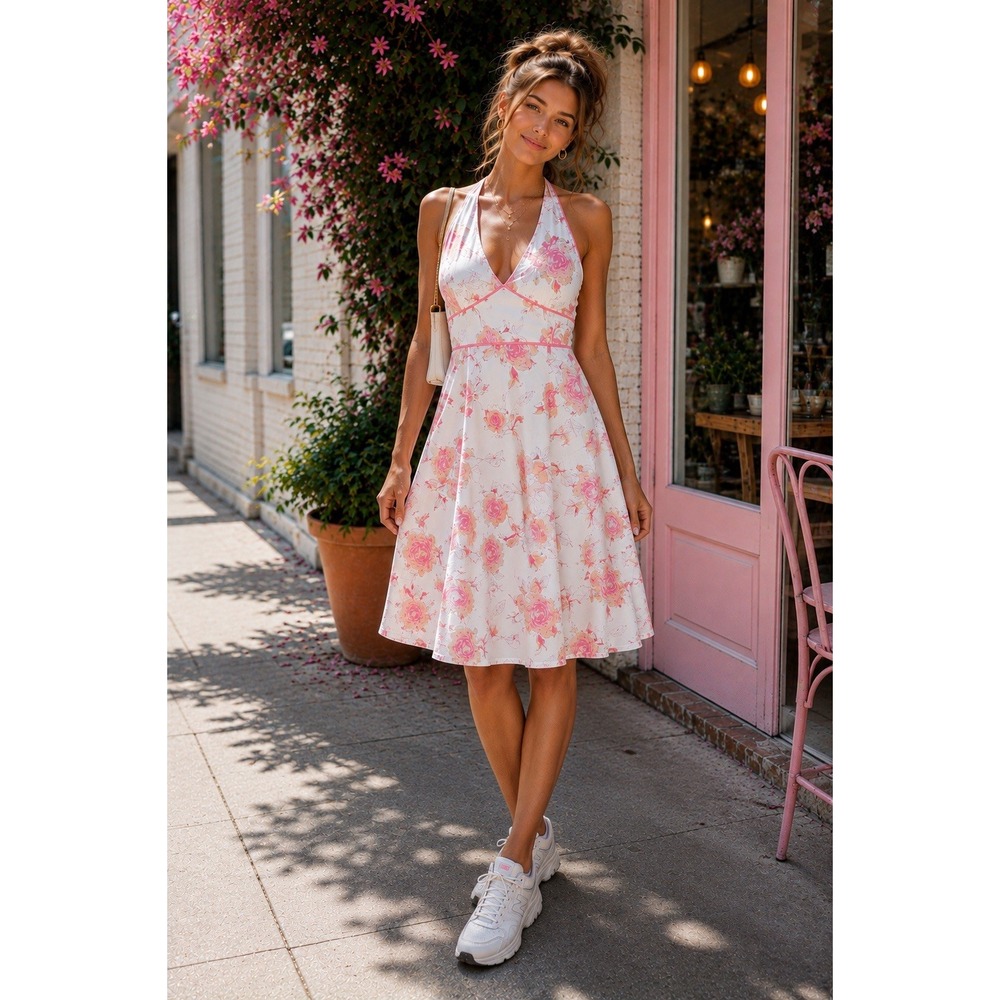 VTG Rouge Pink Floral Halter Dress Y2K 90s Coquette S Ditsy Romantic PP54